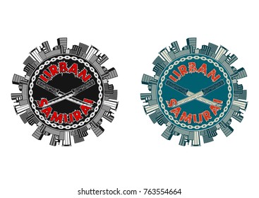 Set of two vector illustrations representing the pair Japanese knives surrounded with a chain against the background of the street with skyscrapers and an inscription the urban Samurai.
