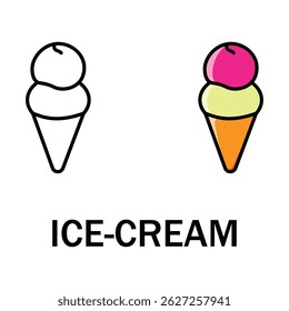 Set of two vector illustrations showcasing ice cream cones. Designs feature black-and-white and vibrant multicolor formats, ideal for creative projects, food-related graphics, and digital design purpo