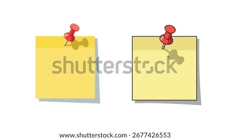 A set of two vector illustrations of yellow sticky notes pinned to a wall, one flat and one with an outline, representing reminders and messages.