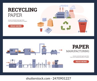 Ein Satz von zwei Vektorbildern einer Papiermühle. Illustrationen von Ausrüstungen, Maschinen und technischen Anlagen für die Verarbeitung, den Druck und die Verpackung