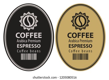 Set of two vector labels for coffee beans in oval frame in retro style with coffee bean in flower, barcode and words Espresso, Arabica premium