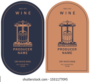 Set of two vector labels for dry white wine with image of vintage wine press and wooden barrel in retro style