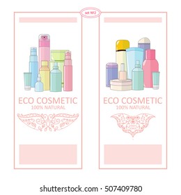 Set of two vector labels for ecology cosmetic. Emblem, labels, logos, badges for beauty and makeup cosmetics from organic ingredients, eco products. Flat style, cute colors. Cute cosmetic bottles