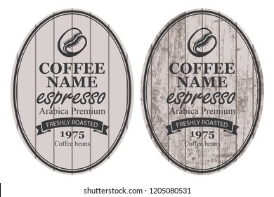 Set of two vector labels for freshly roasted coffee beans with ribbon in oval frame in retro style on striped wooden background with inscription Espresso