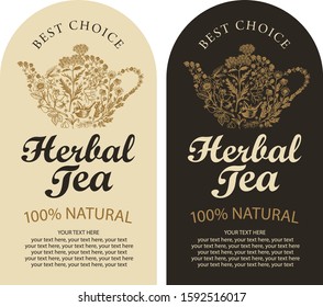 Set of two vector labels for a herbal tea with sketches, calligraphic inscriptions and place for text in retro style. Tea labels with teapot or kettle consisting of hand-drawn medicinal herbs.