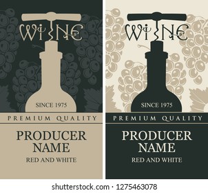 Set of two vector labels for red and white wine with a bottle of wine and a corkscrew in retro style in grey and black colors.