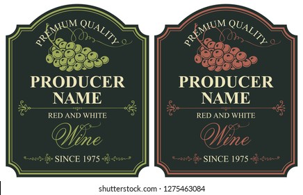 Conjunto de dos etiquetas vectoriales para vino tinto y blanco con racimos de uva e inscripciones caligráficas en estilo retro sobre el fondo negro.