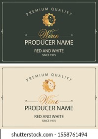 Set of two vector labels for red and white wine with golden sun, moon and calligraphic inscriptions in retro style