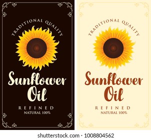 Set of two vector labels for refined sunflower oil with sunflower and calligraphic handwritten inscription in frame with curls