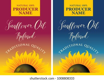 Set of two vector labels for refined sunflower oil with sunflower and calligraphy handwritten inscription on red and blue gradient background