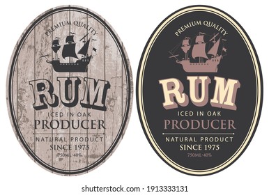 Set of two vector labels for Rum in oval frames with sailing ships and inscriptions on a wooden and black background in retro style.