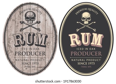 Set of two vector labels for Rum in oval frames with human skulls and crossbones on a wooden and black background in retro style.