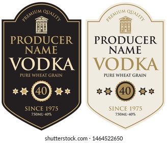 Set of two vector labels for vodka in the figured frame with old building and inscriptions in retro style. Premium quality, pure wheat grain