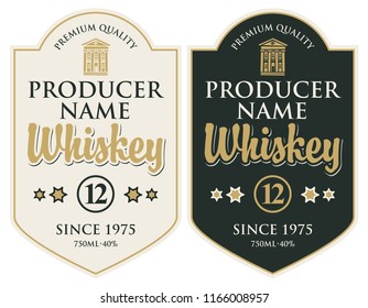 Set of two vector labels for whiskey premium quality in the figured frame with old building and calligraphic inscription in retro style