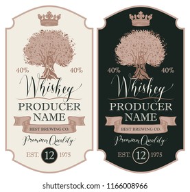 Set of two vector labels for whiskey premium quality in the figured frame with oak tree, crown, ribbon and handwritten inscriptions in retro style