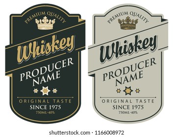 Set of two vector labels for whiskey premium quality in the figured frame with crown and calligraphic inscription in retro style