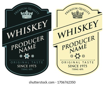 Set of two vector labels for whiskey in the figured frame with crowns and inscriptions in retro style. Premium quality, strong alcoholic beverage collection