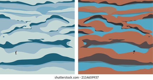 Set of two vector landscape illustrations. Peaceful nature background, banner, poster, cover.