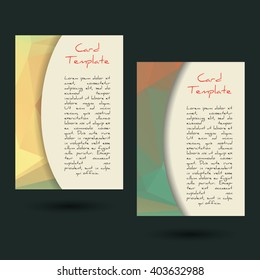 Set of two vector low poly universal card template designs, perfect for brochure covers, leaflets, flyers, cards and invitations. Green, eco.  Polygonal event announcement flyer, card.