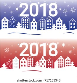 Set of two vector New Year greeting cards with european houses. 