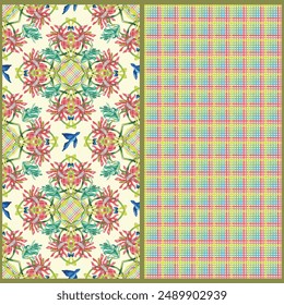 Set of two vector patterns. Floral hand drawn blue birds pattern and complementary gingham checkered pattern.