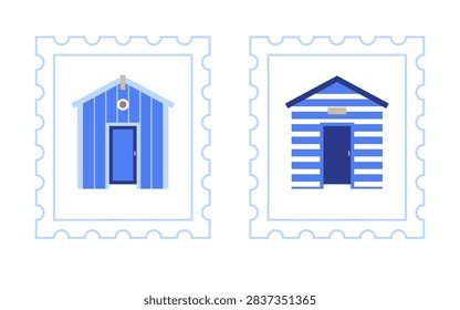 Set of two vector postal stamps with wooden beach cabins in flat style. Coastal travel illustration for holiday postcards, souvenirs, summer vacations, and seaside design concepts
