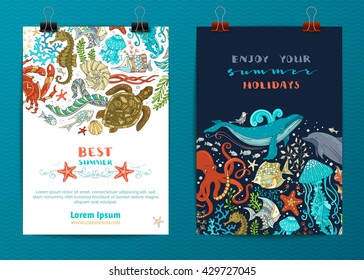 Set of two vector sea life poster templates. Cartoon wild animals and plants. Whale, dolphin, turtle, fish, starfish, crab, shell, octopus, jellyfish, seahorse, seaweed. There is place for text.