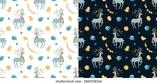 Set with two vector seamless pattern with Christmas deers, gingerbreads, mug of cappuccino, garlands on dark and white. Great for fabrics, wrapping papers, covers, kids or baby clothes. Color doodle.