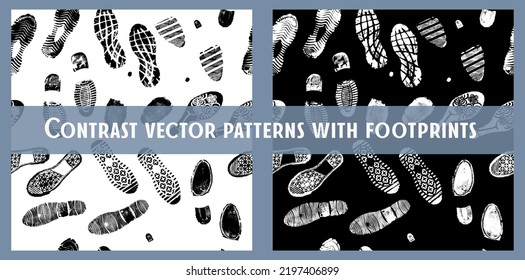 Set of two vector seamless pattern images double footprints black and inverted white