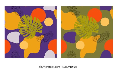 Set of two vector seamless patterns with abstract boho shapes and colors