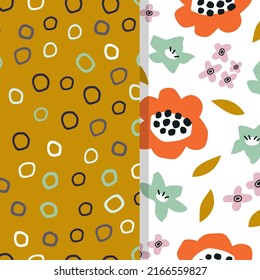 Set of two vector seamless patterns with natural motifs. Hand drawn floral, abstract prints. Isolated patterns with flowers and rings. Simple cartoon flat style for textile, wrapping paper, wallpaper.