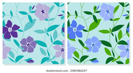 Set of two vector seamless patterns with periwinkle blue and lilac flowers with leaves. Flat design