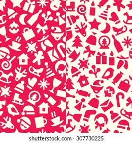 A set of two vector seamless patterns. Red and white bright festive backgrounds with christmas symbols.  
