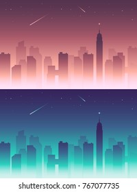 Set of two vector simple city scenes with silhouettes of buildings and colorful sunset or dawn sky - seamless background