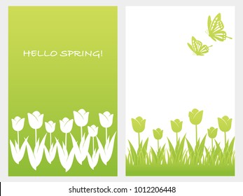 A set of two vector spring time background illustrations with tulips and butterflies, with text space.