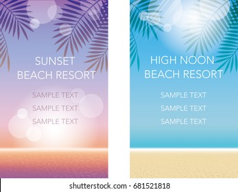 A set of two vector summer background illustrations with sandy beach, blue sky, and the ocean. 