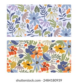 Set of two vector summer seamless patterns assembled from natural elements, flowers, leaves. Vector endless background in modern trendy style.