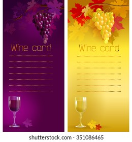 Set of two vector templates for wine card with glasses white and dark burgundy wine and bunches of grapes. It can be used to design menu.