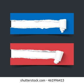 Set of two vector torn paper banners with paper rolls isolated on dark background.