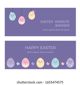Set of two vector website easter banners with happy eggs. Cute funny eggs at pleasant violet background