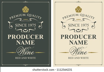 Set of two vector wine labels with vine leaves and calligraphic inscriptions in retro style