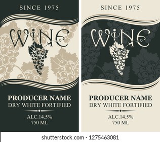 Set of two vector wine labels with bunches of grapes and inscription in retro style in grey and black colors. Dry white fortified