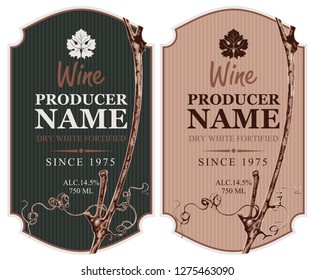 Set of two vector wine labels with grapevine, leaf and inscription in retro style in figured frame. Dry white fortified