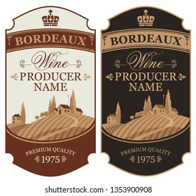 Set of two vector wine labels with calligraphic inscription and european rural landscape in figured frame in retro style
