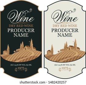 Set of two vector wine labels with calligraphic inscription and european rural landscape in figured frame in retro style