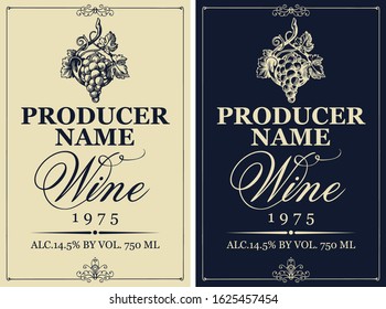 Set of two vector wine labels with hand-drawn bunch of grapes and calligraphic inscription in retro style.