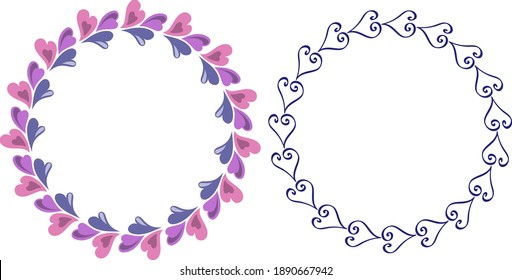 Conjunto de dos coronas vectoriales de corazones aisladas en fondo blanco para cualquier tipo de decoración