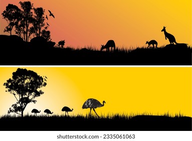 a set of two vectors of kangaroos and emus in the Australian outback sunset