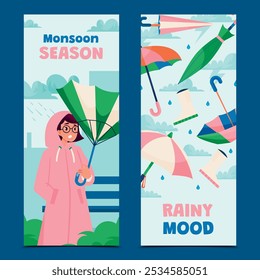 Conjunto de dos Plantillas de Anuncio de Vertical. Composiciones planas dibujadas a mano de la temporada del monzón