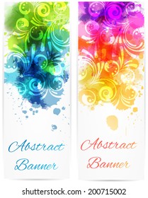 Set of two vertical banners with abstract color splashes and modern swirly floral design